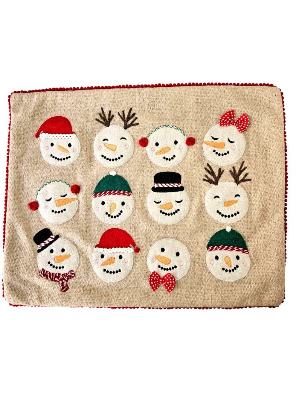 Sincerely Santa Wool Snowman Applique Pillow Cover Rectangle 20x16 Red on Beige